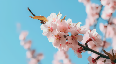 粉桃树花开在蓝天下的摄影图片