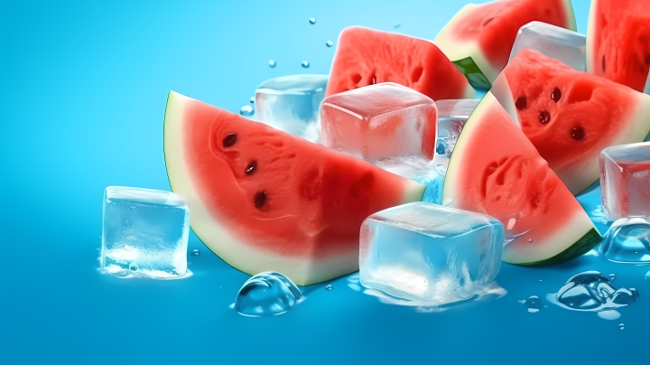 西瓜汁水在蓝色冰块中游泳的摄影版权图片下载
