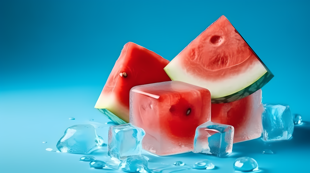 西瓜片在冰块中游泳的摄影版权图片下载