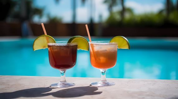 夏日泳池边的两杯饮品高清摄影图片