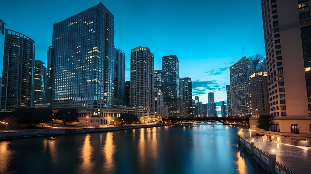 黄昏时的芝加哥天际线摄影图