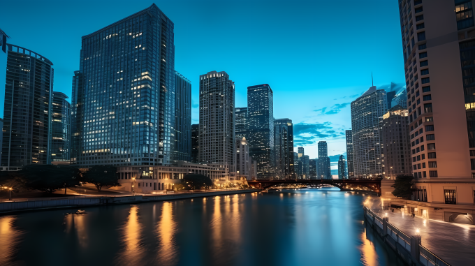 黄昏时的芝加哥天际线摄影图