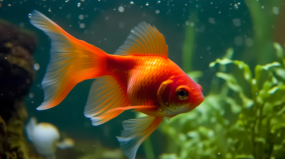 红色金鱼游动在生态鱼缸中的海藻摄影图片