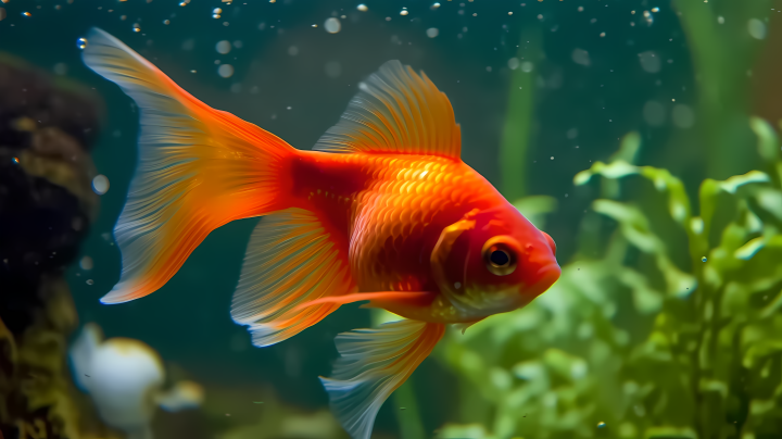 红色金鱼游动在生态鱼缸中的海藻摄影版权图片下载