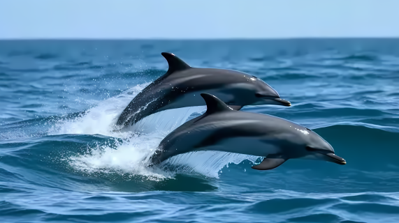 蓝海上两只海豚跃出水面的摄影图片
