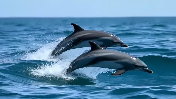 蓝海上两只海豚跃出水面的摄影版权图片下载