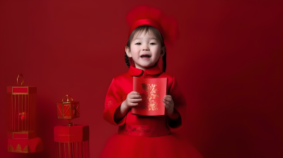 红裙小女孩新年贺词摄影图片