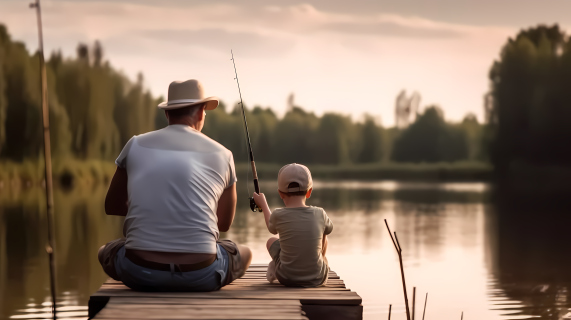 湖畔渔父与儿子摄影图片