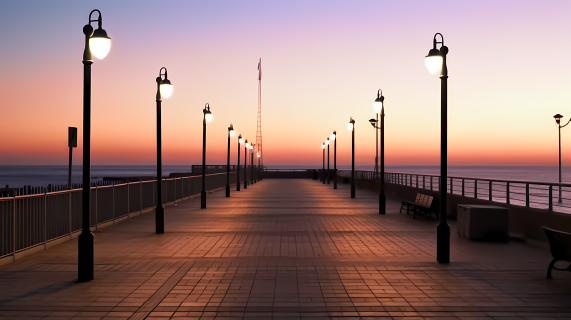 黄昏海滨码头的街灯照亮人行道的摄影图片