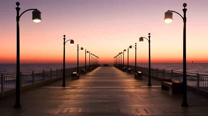 海边码头夕阳下的街灯摄影版权图片下载