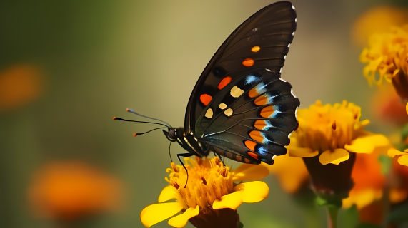 黄花上降落的蝴蝶摄影图