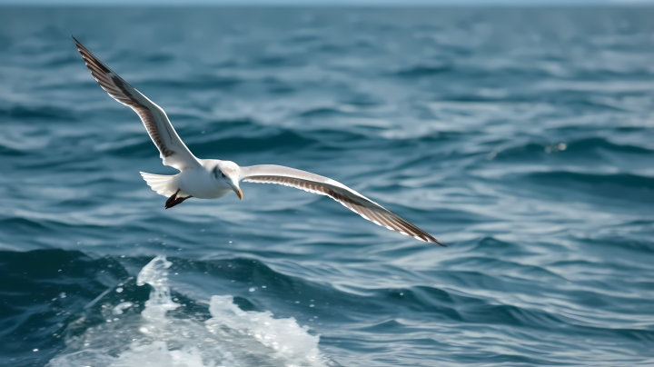 闪亮的海上，一只海鸥飞过摄影版权图片下载