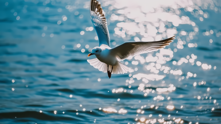 闪耀的海上，一只海鸥飞过的摄影版权图片下载