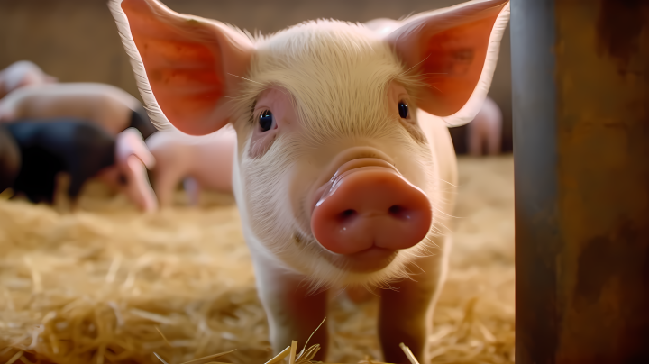 可爱小猪在猪圈篱笆下的地下干草堆摄影版权图片下载
