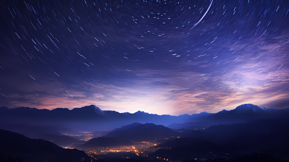 梦幻紫蓝山顶星轨摄影图