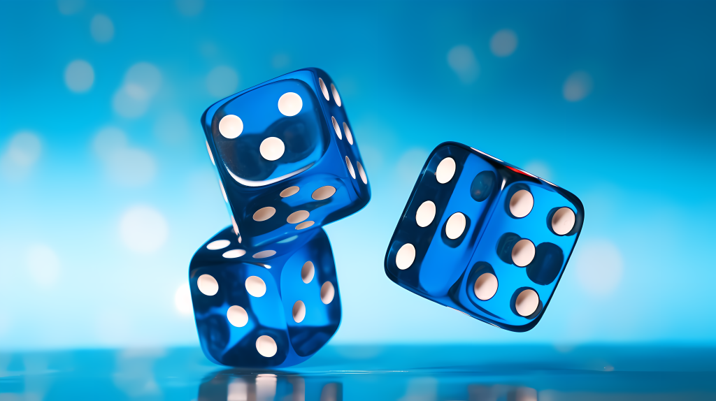 蓝色背景中的空中两个带白点的蓝色骰子摄影图版权图片下载