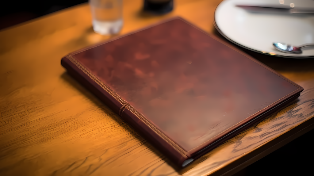 皮革风格的棕色餐桌上的摄影图片