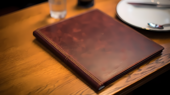 皮革风格的棕色餐桌上的摄影版权图片下载