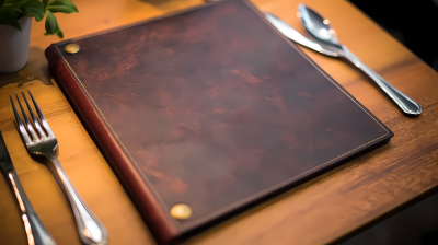 餐桌上的棕色动物皮革菜单摄影图片