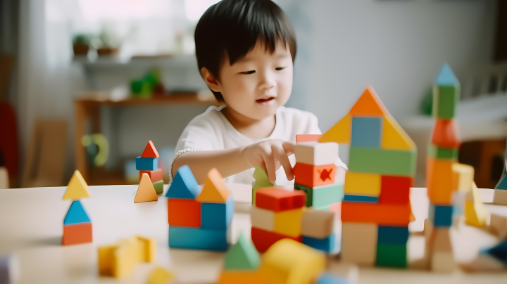 中国幼儿园游戏室里的彩色积木摄影版权图片下载