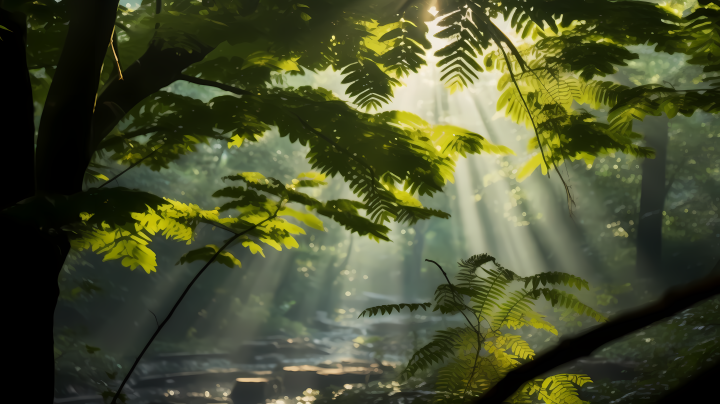 林中柔和阳光照射下的摄影版权图片下载