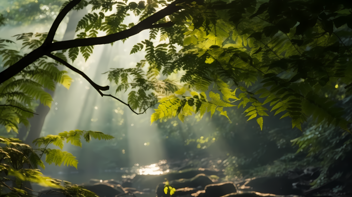 阳光透过森林树叶的柔和摄影图版权图片下载