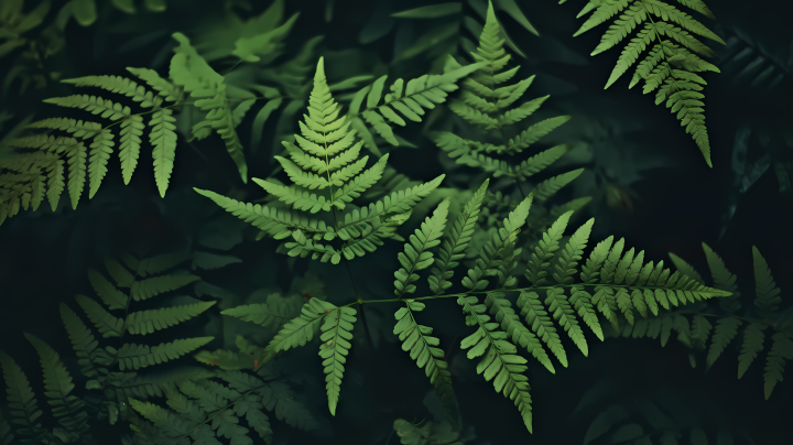 绿色背景下的蕨类和叶子的近景摄影图版权图片下载