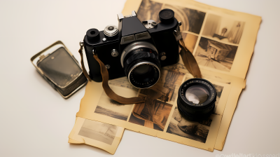 旧照片与档案旁的老相机，极简风格摄影图片