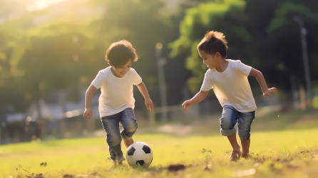 阳光下的足球儿童玩耍摄影图片