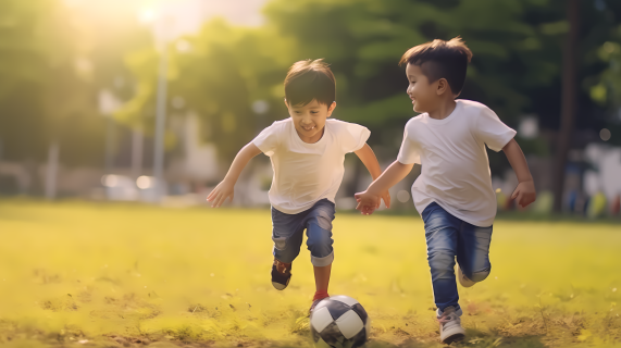 中国阳光照耀下的足球场上两个小男孩玩足球摄影图片