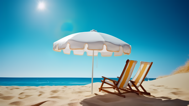 阳光沙滩上的两把躺椅和遮阳伞摄影版权图片下载