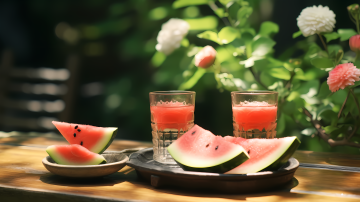 夏日庭院木桌上的西瓜及饮品摄影版权图片下载