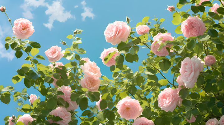 粉红玫瑰与翠绿绿叶蓝天背景摄影图版权图片下载