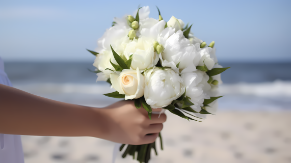 沙滩上的白色花束和婚礼牵手摄影图片