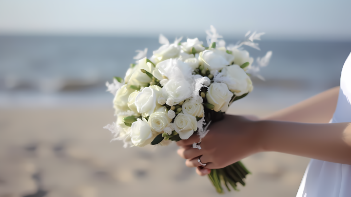 沙滩上的白色花束和婚礼手牵手摄影版权图片下载
