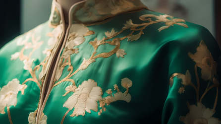 手绘细节的绿金大花图案中式旗袍摄影图片