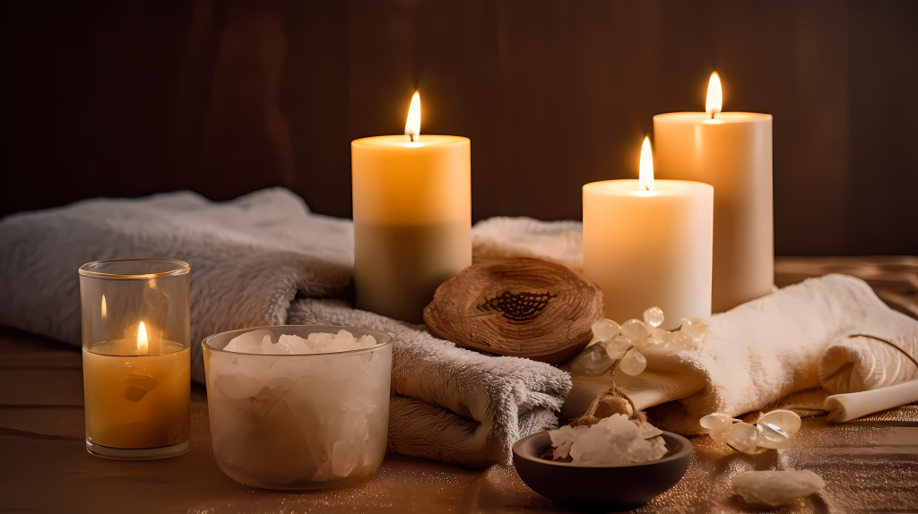 室内浴室点燃的蜡烛和香薰摄影图