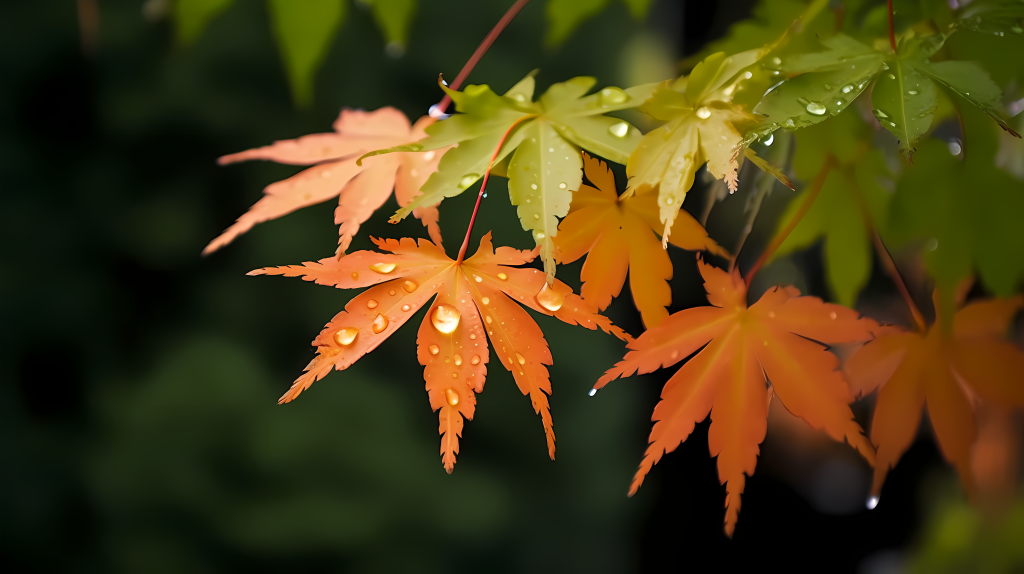 水滴落在枫叶上摄影图