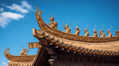 蓝天下，用中国饰物装点的建筑屋顶摄影图片