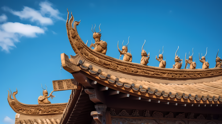 蓝天下，用中国饰物装点的建筑屋顶摄影版权图片下载