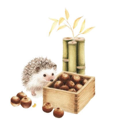 可爱小刺猬和栗子水彩插图