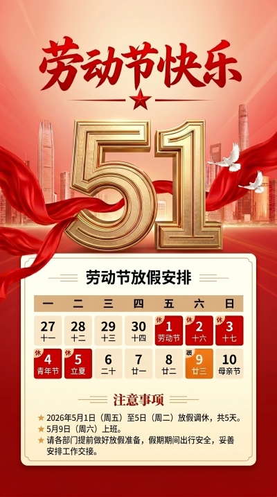 5.1劳动节放假安排红色创意手机海报