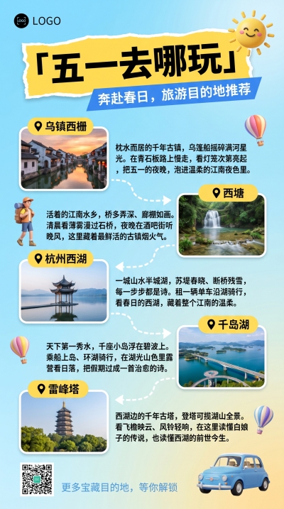 五一出游景点推荐实景宣传手机海报