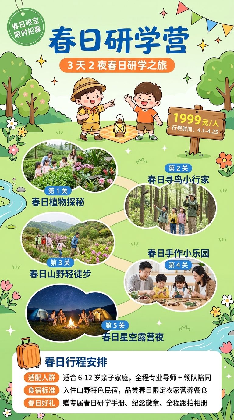 春日研学营行程安排手机海报