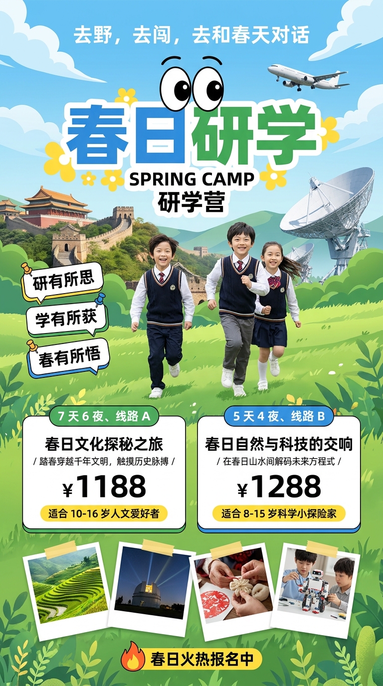 春日研学招生报名创意手机海报