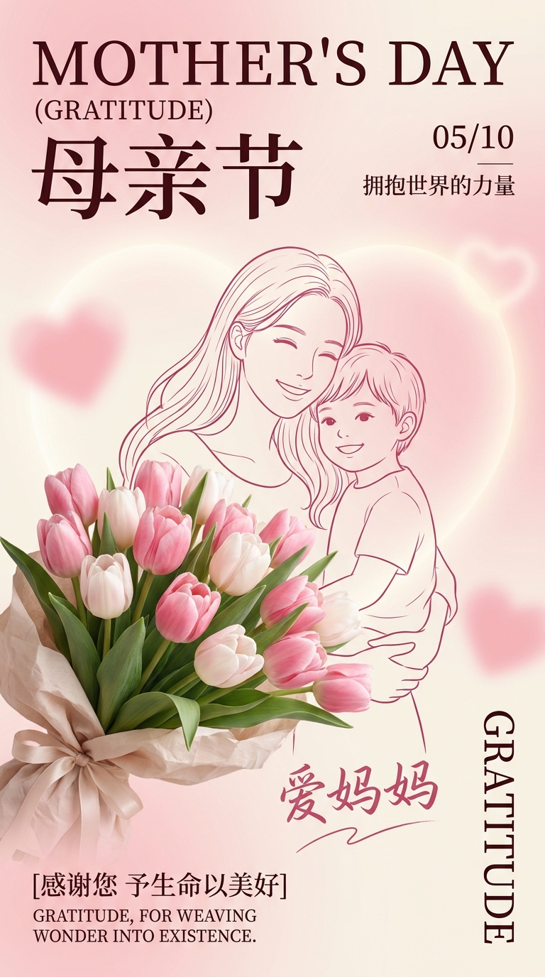 母亲节快乐粉色创意手机海报