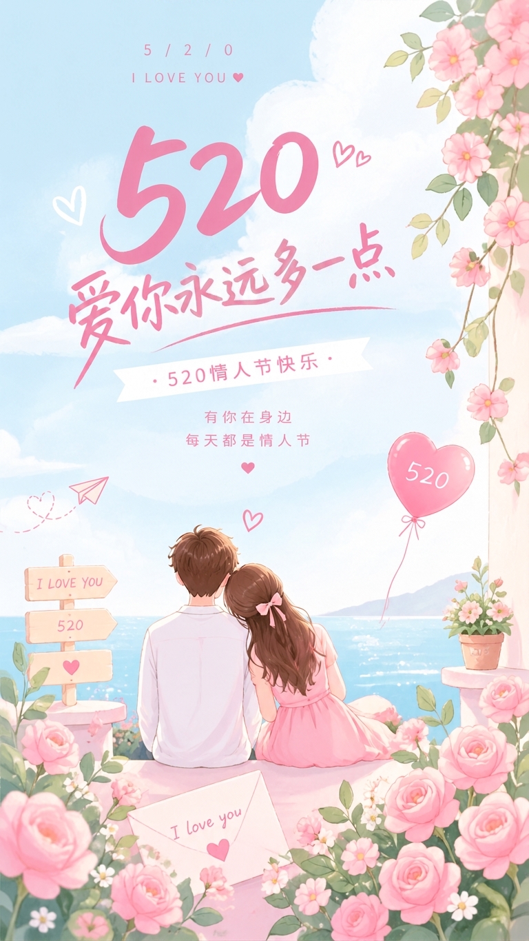 520情人节快乐粉色浪漫手机海报