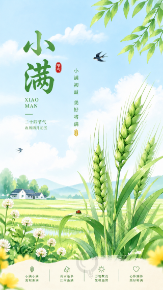 小满节气暖风拂面漫画风手机海报