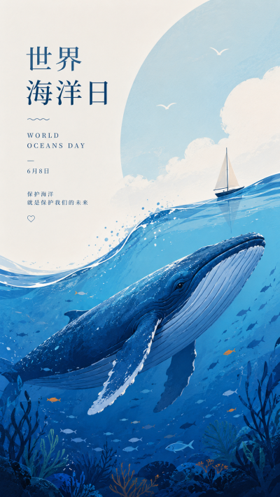  世界海洋日手绘卡通风手机海报