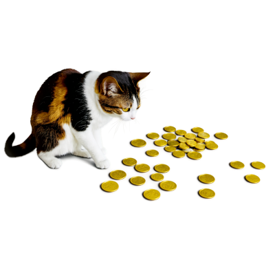 猫咪在白色背景上的拼图游戏中热衷于收集硬币